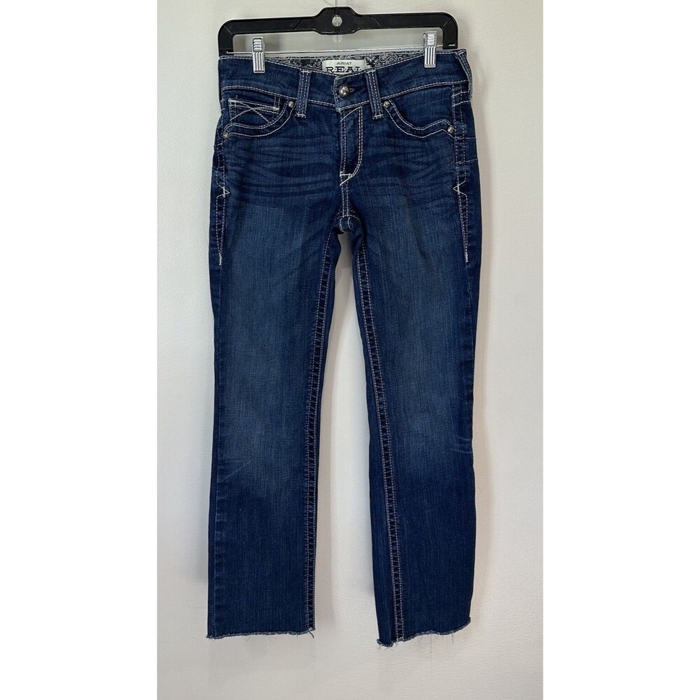 Ariat Real Denim Mid Rise Straight Jeans W/freyed Hem Women’s Size 27 Dark Wash